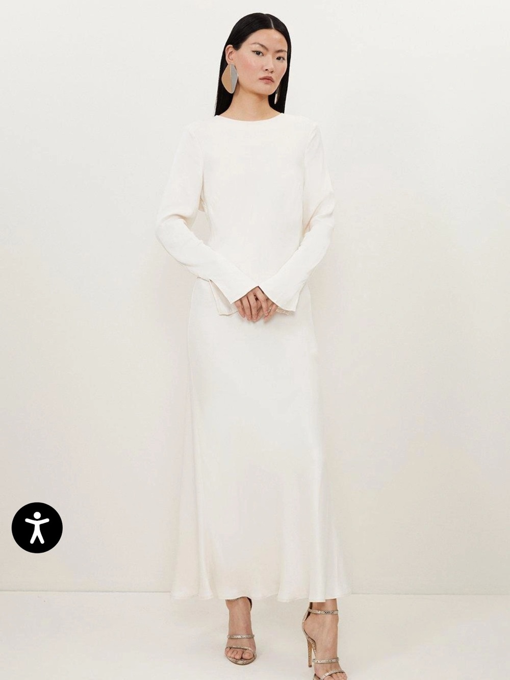 Karen Millen Viscose Satin Woven Long Sleeve Maxi Dress - Ivory - Picture 3 of 7